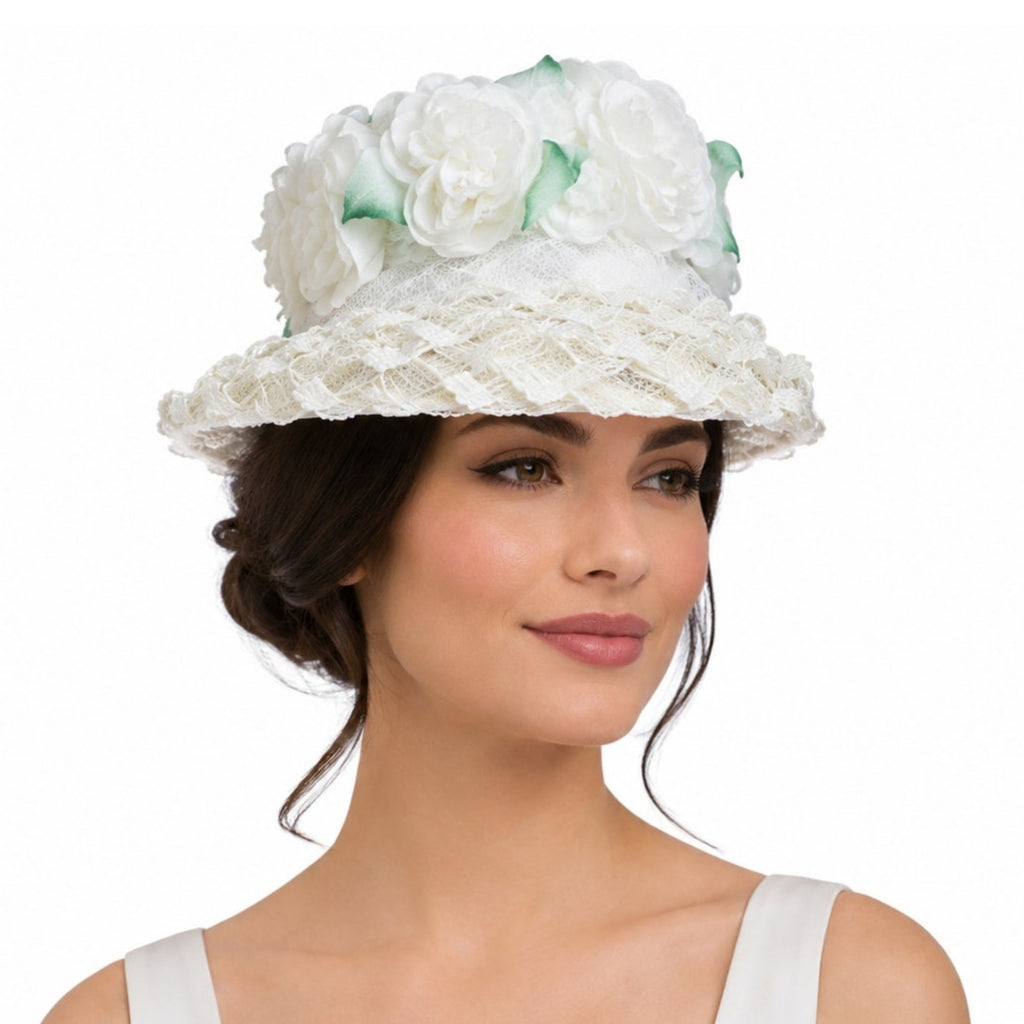 Vintage 60s White Floral Bucket Hat Lace Chiffon Union Label