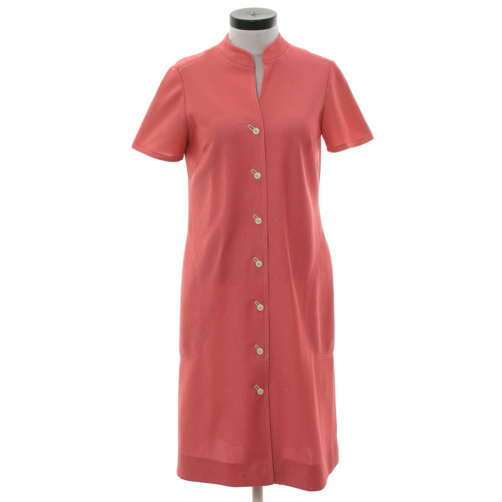 Vintage 70s Kiva Coral Knit Shirt Dress Button Front Stretch Midi 36 Bust