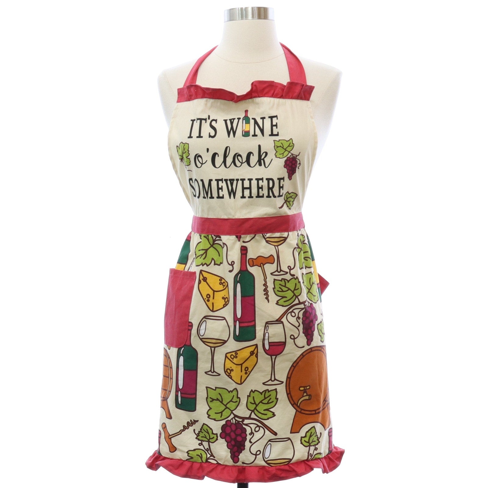 Wine Apron Wine O’Clock Somewhere Cotton Bib Apron Pantry Wine Print Ruffle