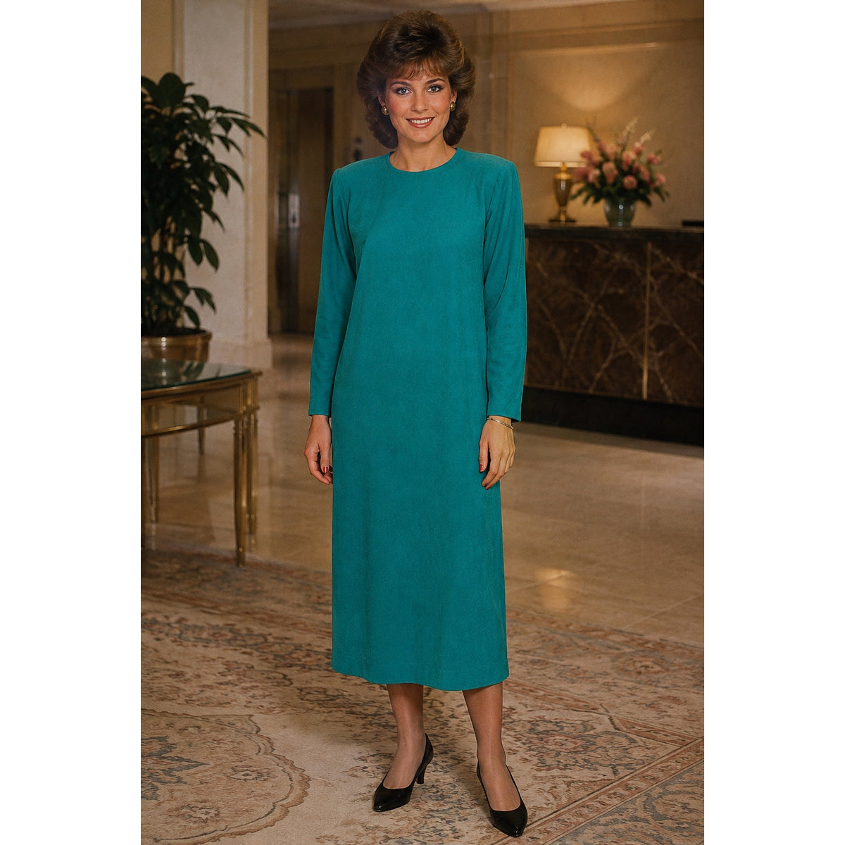 Vintage 1980s Aqua Green Long Sleeve Midi Shift Dress Women's Medium