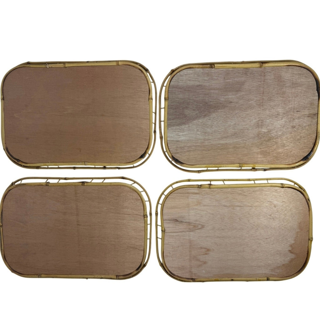 Vintage 1970s Bamboo Rattan Woven Serving Trays Set of 4 Taiwan