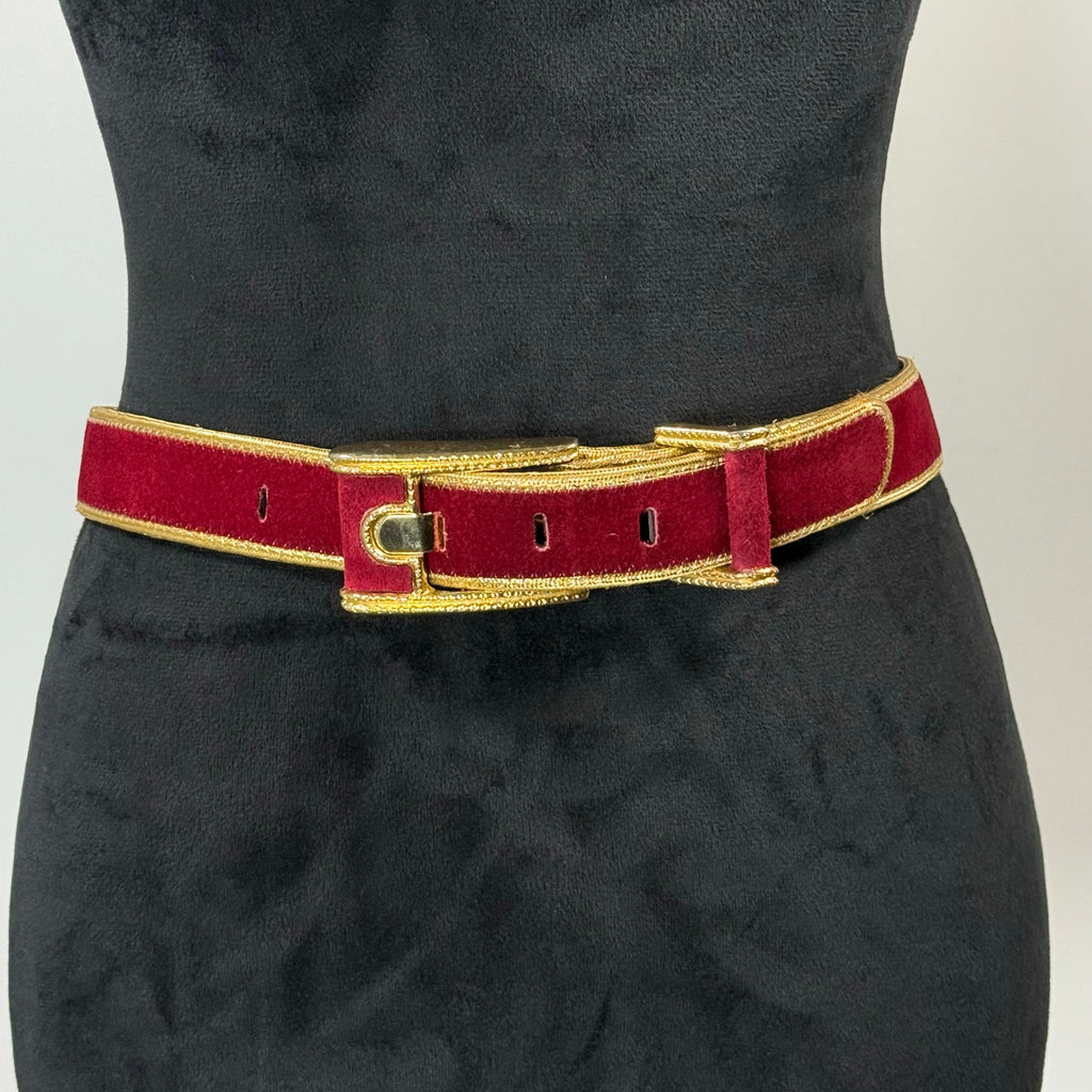 Vintage 80s Women’s Small Burgundy Belt Gold Trim 35" Made in USA