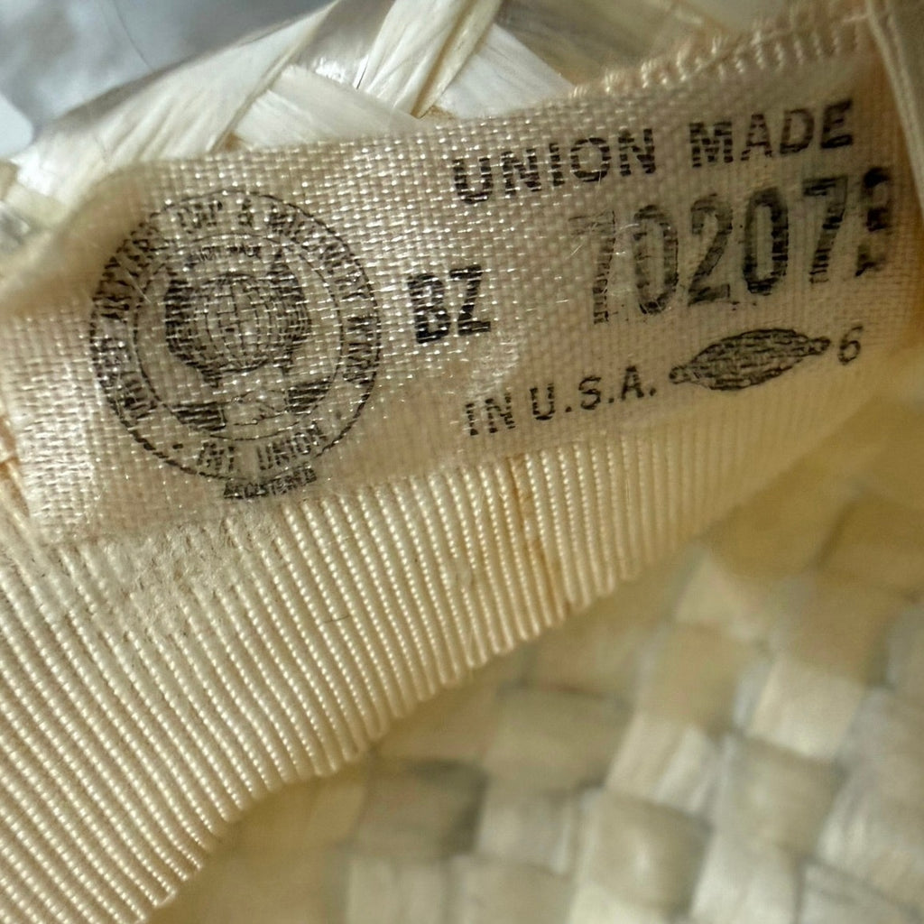 Vintage 1960s White Raffia Pillbox Hat Rhinestone Bow Union Label
