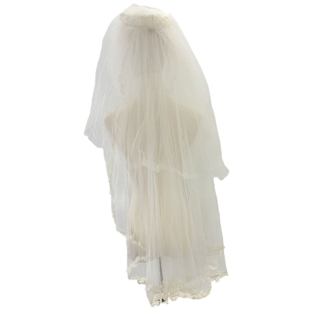 Vintage 70s Bridal Veil Pearl Lace Wedding Headpiece Double Layer