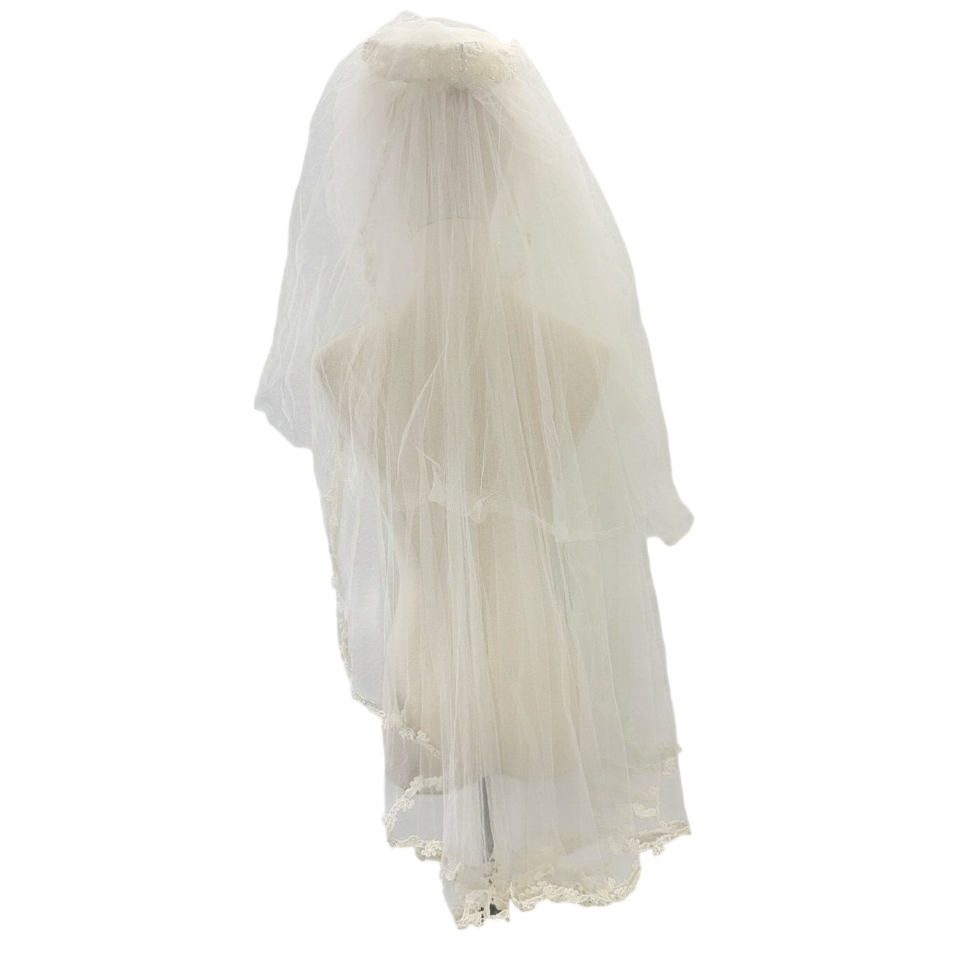 Vintage 70s Bridal Veil Pearl Lace Wedding Headpiece Double Layer