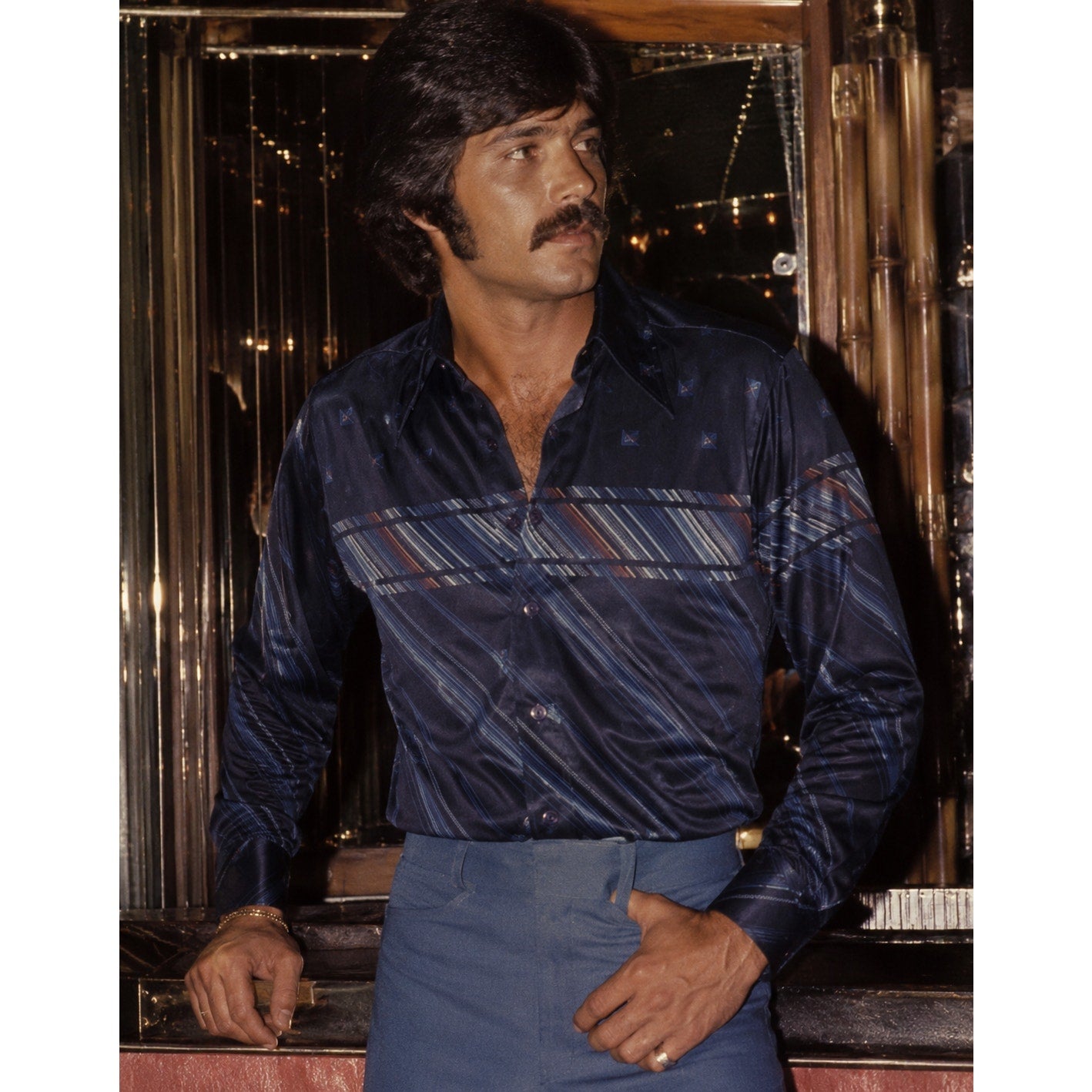 Vintage 70s Kennington Navy Nylon Disco Shirt Striped Men's XL