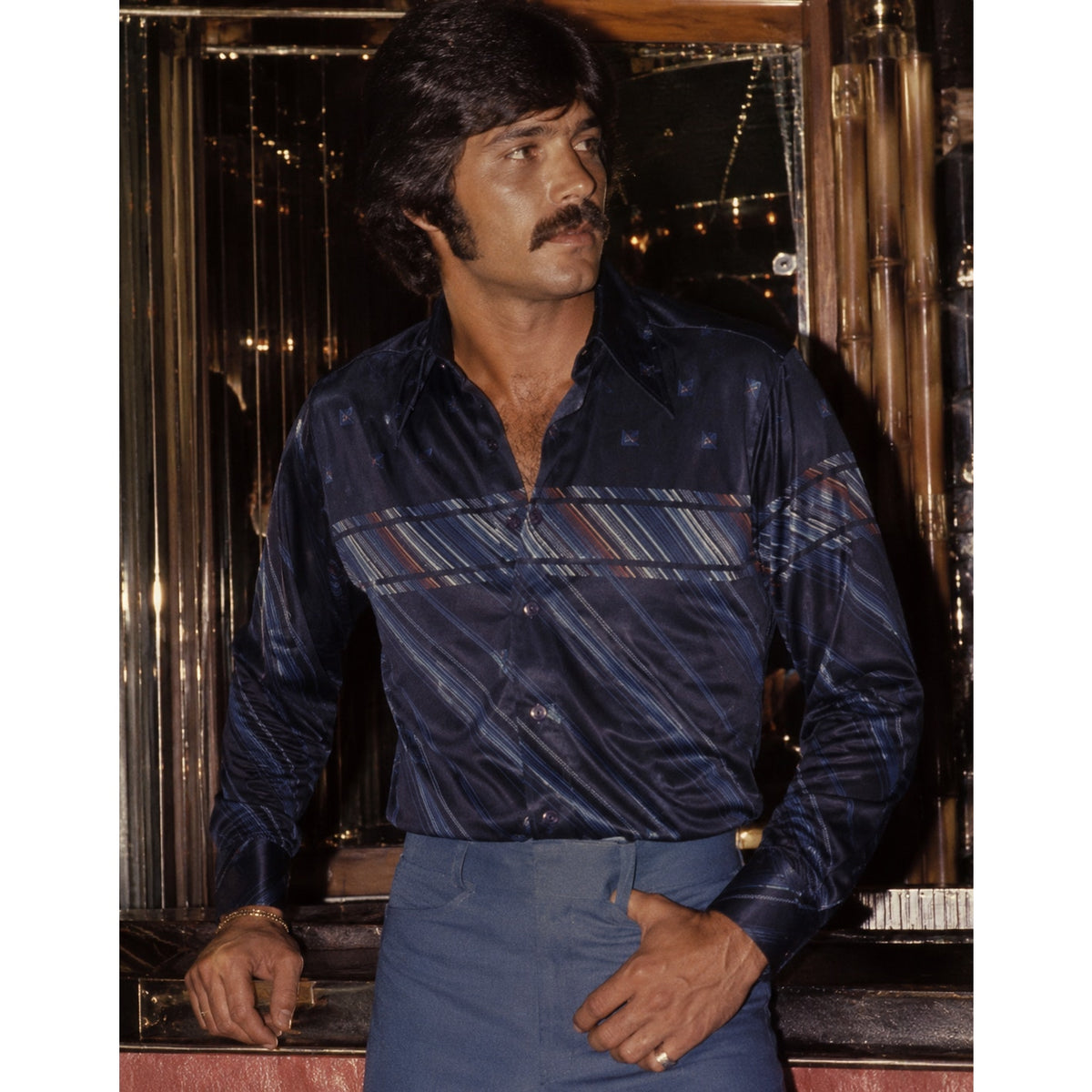 Vintage 70s Kennington Navy Nylon Disco Shirt Striped Men's XL