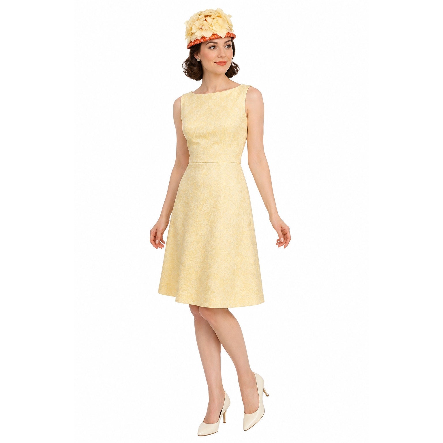 Vintage 1960s Yellow Floral Pillbox Hat Orange Raffia Brim Size 7