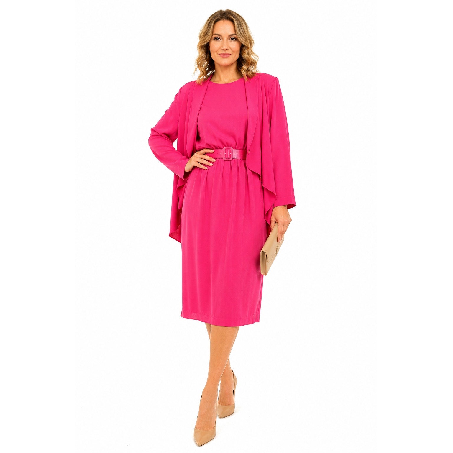 Vintage 80s Gregory Designs Pink Dress Jacket Set Belted Midi Size 14