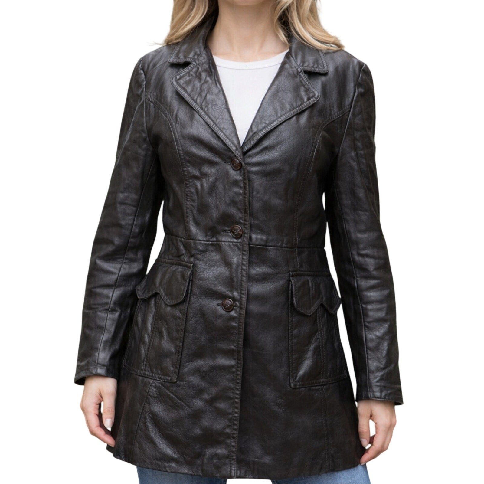 Vintage 70s Black Leather Trench Jacket Mid Length Women's Small Heart Pockets