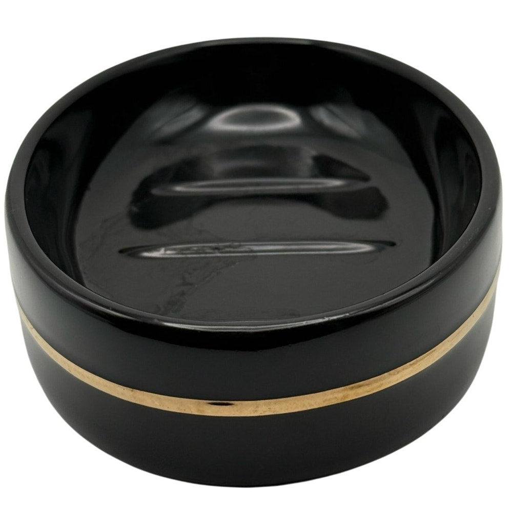 Vintage 90s Black Ceramic Soap Dish with Gold Accent Bathroom Vanity Holder