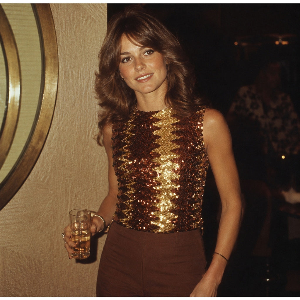 Vintage 70s Glentex Sequin Gold Brown Sleeveless Party Top Women's Medium