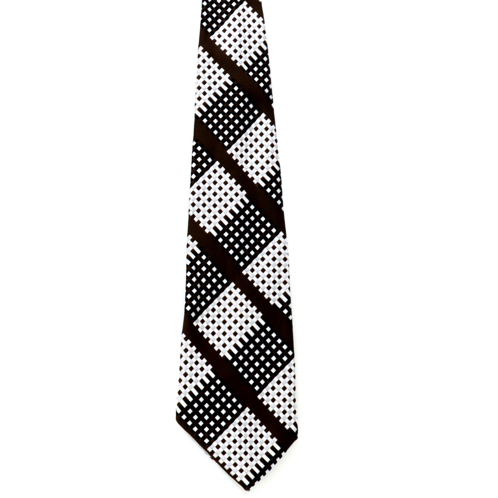 Vintage 70s Mens Wide Disco Necktie Champs Elysee Op Art Check Brown Black White