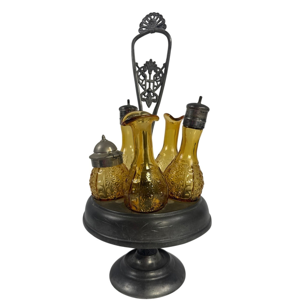 Antique Victorian Amber Glass Cruet Castor Set Ornate Silverplate Stand 15”