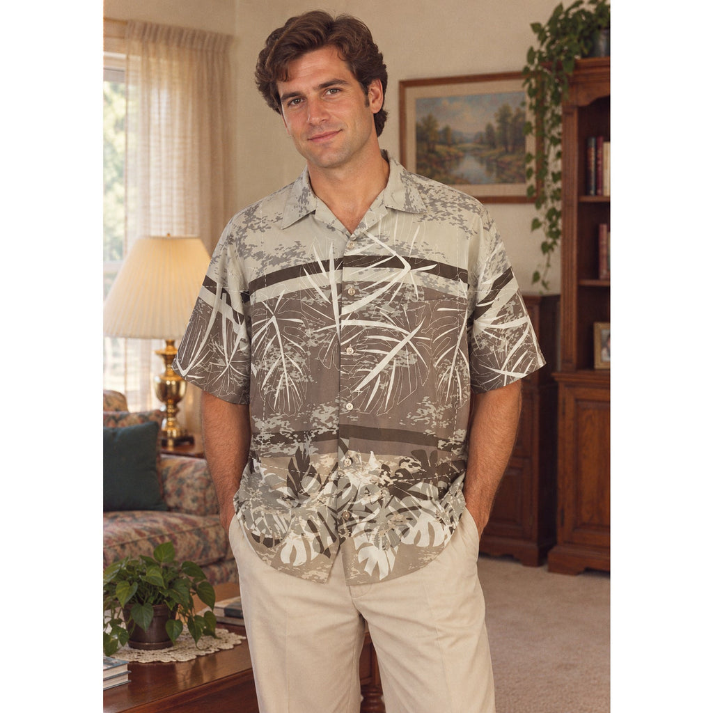 Vintage 90s Koman Sport Taupe Foliage Hawaiian Shirt Men’s Large