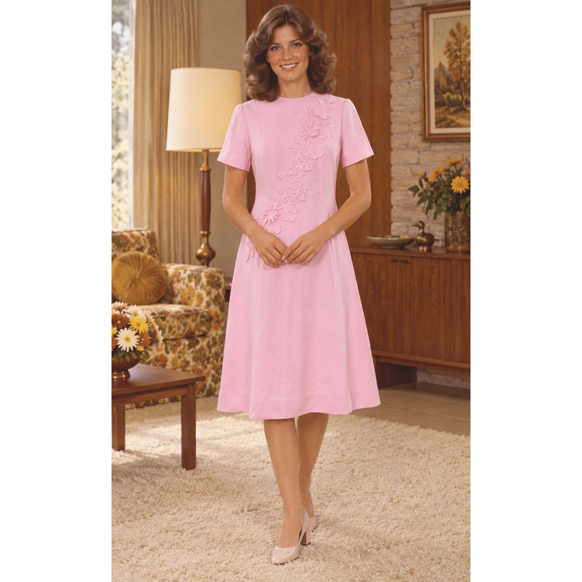 Vintage 70s Henry-Lee Pink Floral Appliqué A-Line Midi Dress Women's Small