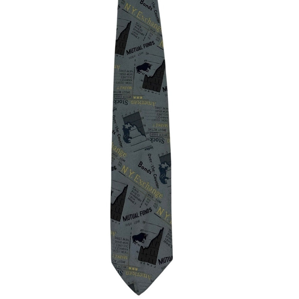 Vintage 80s Court Beltiri Abstract Tie Gray Blue Stocks Financial Wide 55"