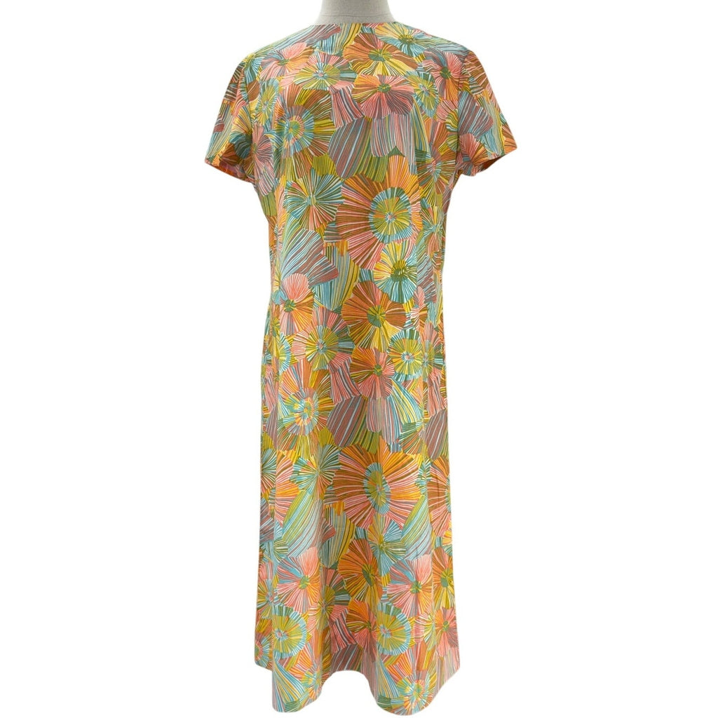 Vintage 60s Women's Medium Mod Dress Geometric Midi Orange Blue Green Yellow