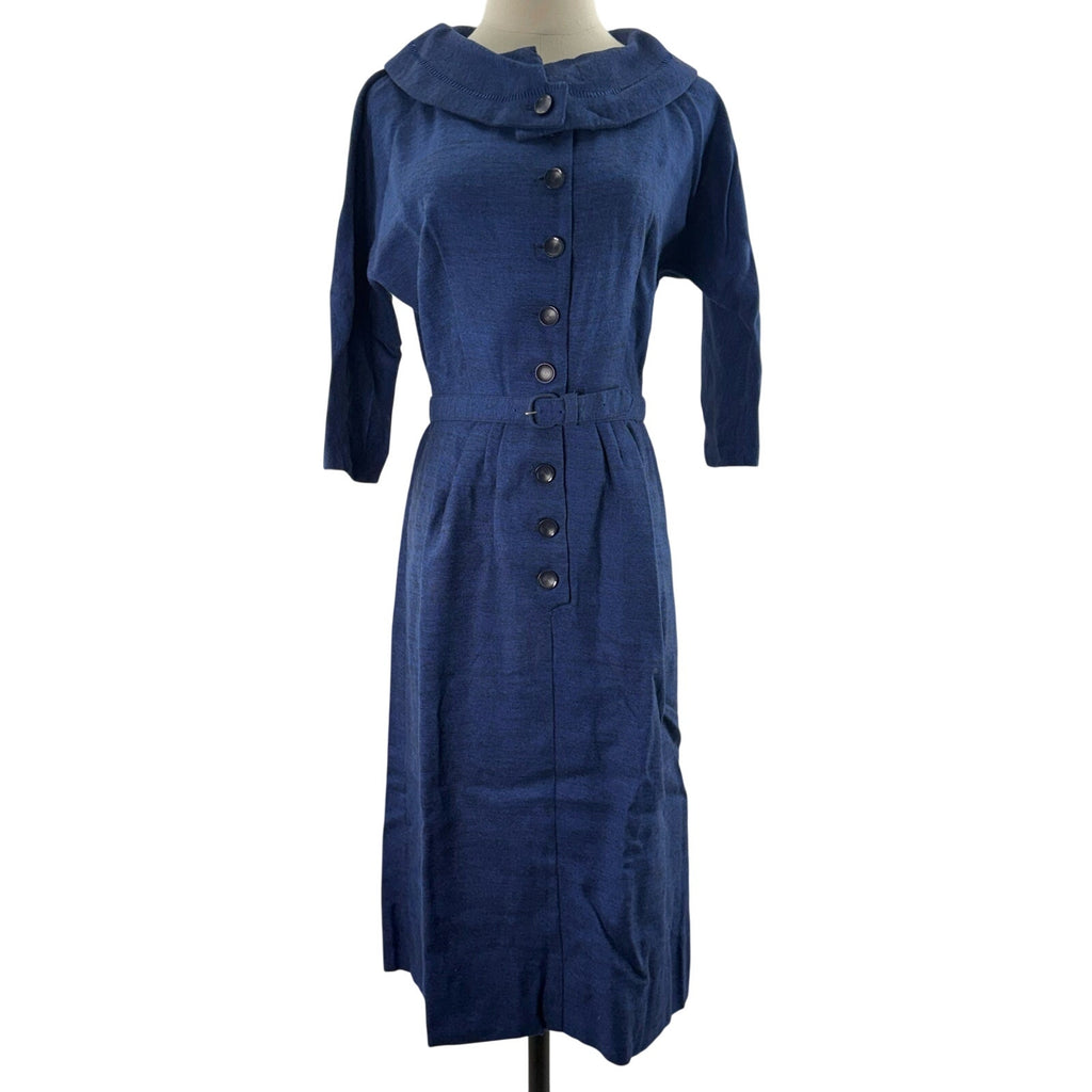 Vintage 1940s Women's Small Blue Wool Dress Belted Home Sewn