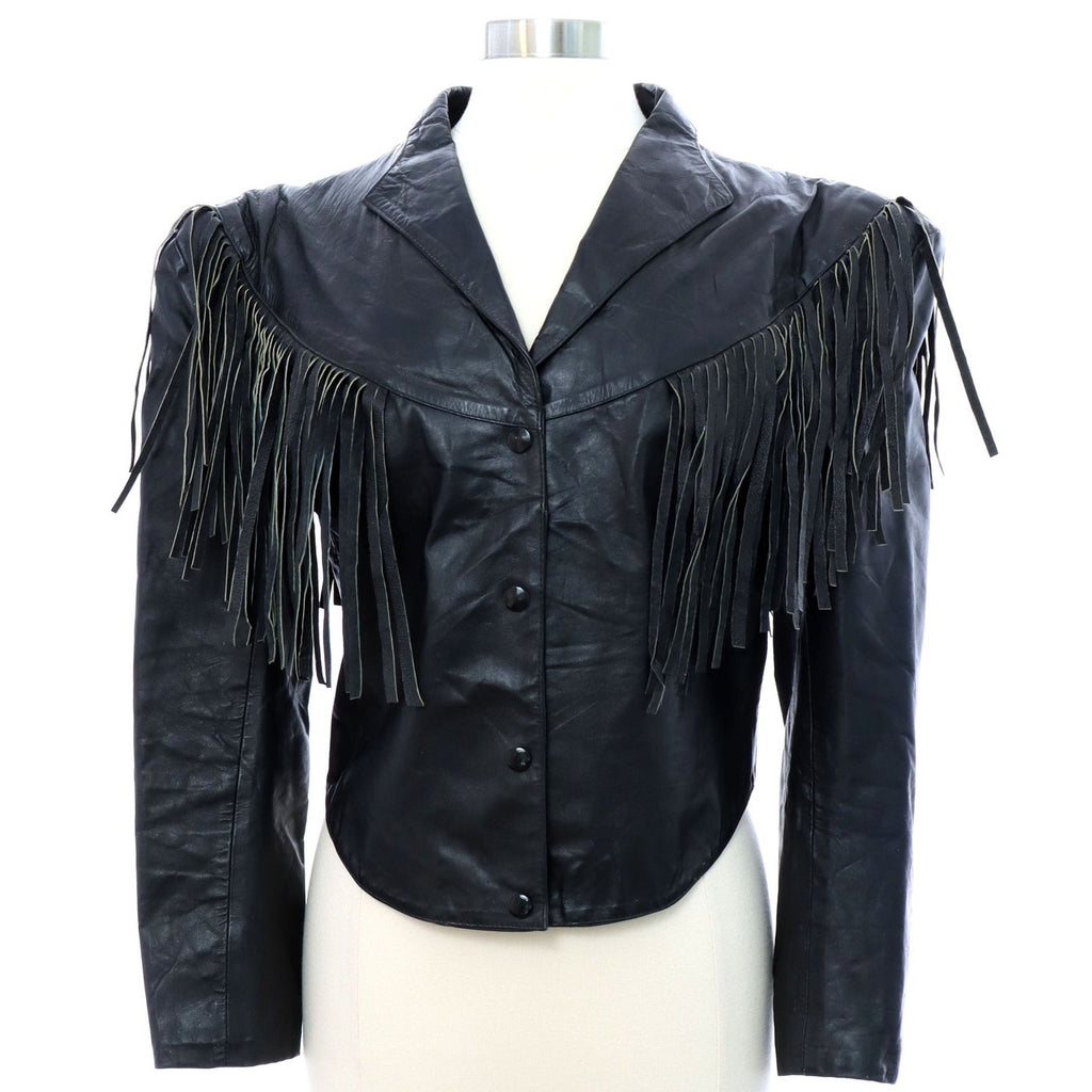 Vintage 80s Women's Medium Black Fringe Leather Jacket Western Biker