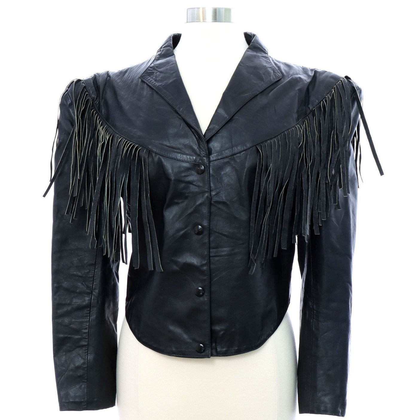 Vintage 80s Women's Medium Black Fringe Leather Jacket Western Biker