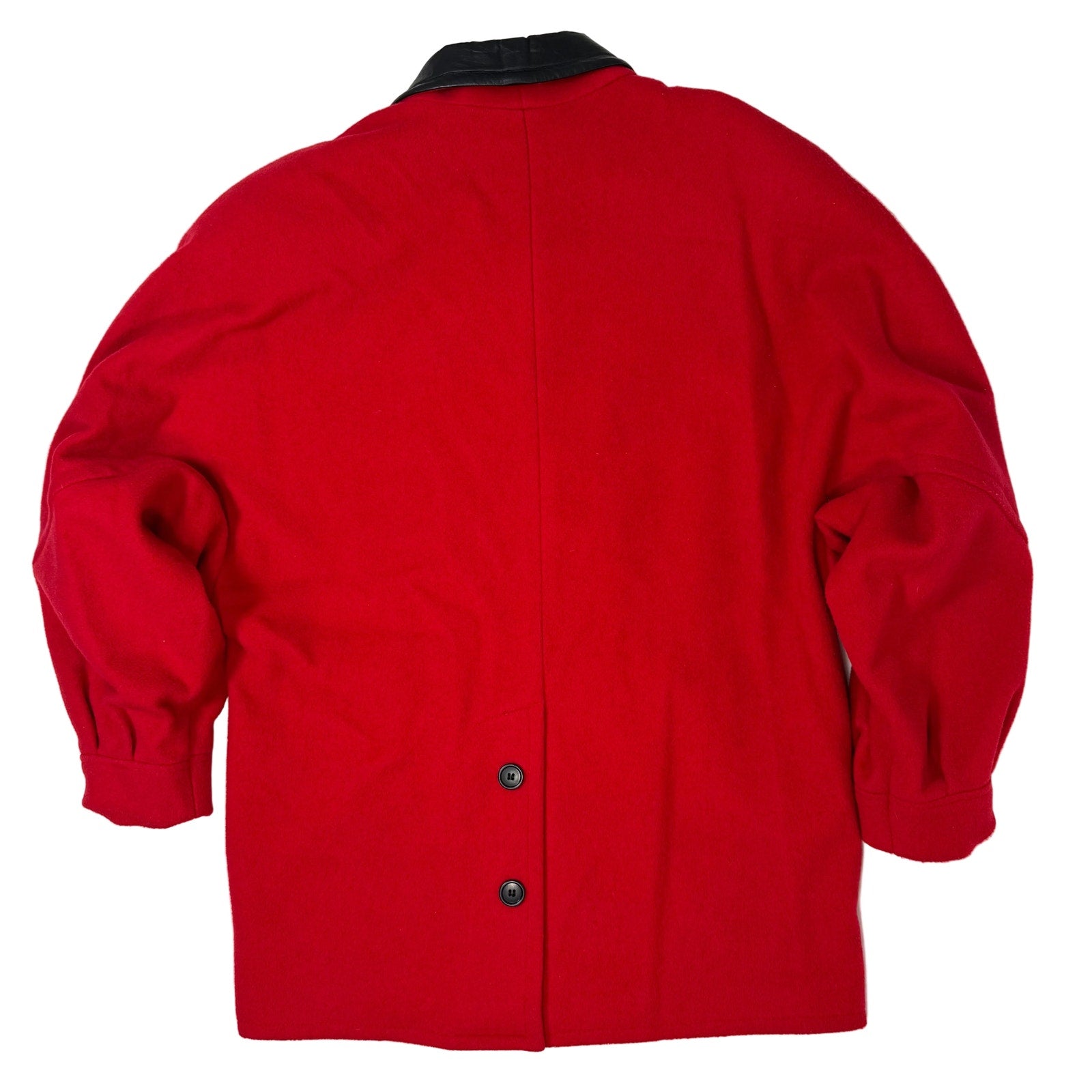 Vintage 80s Women's Medium Red Wool Jacket Black Leather Collar Power Shoulder