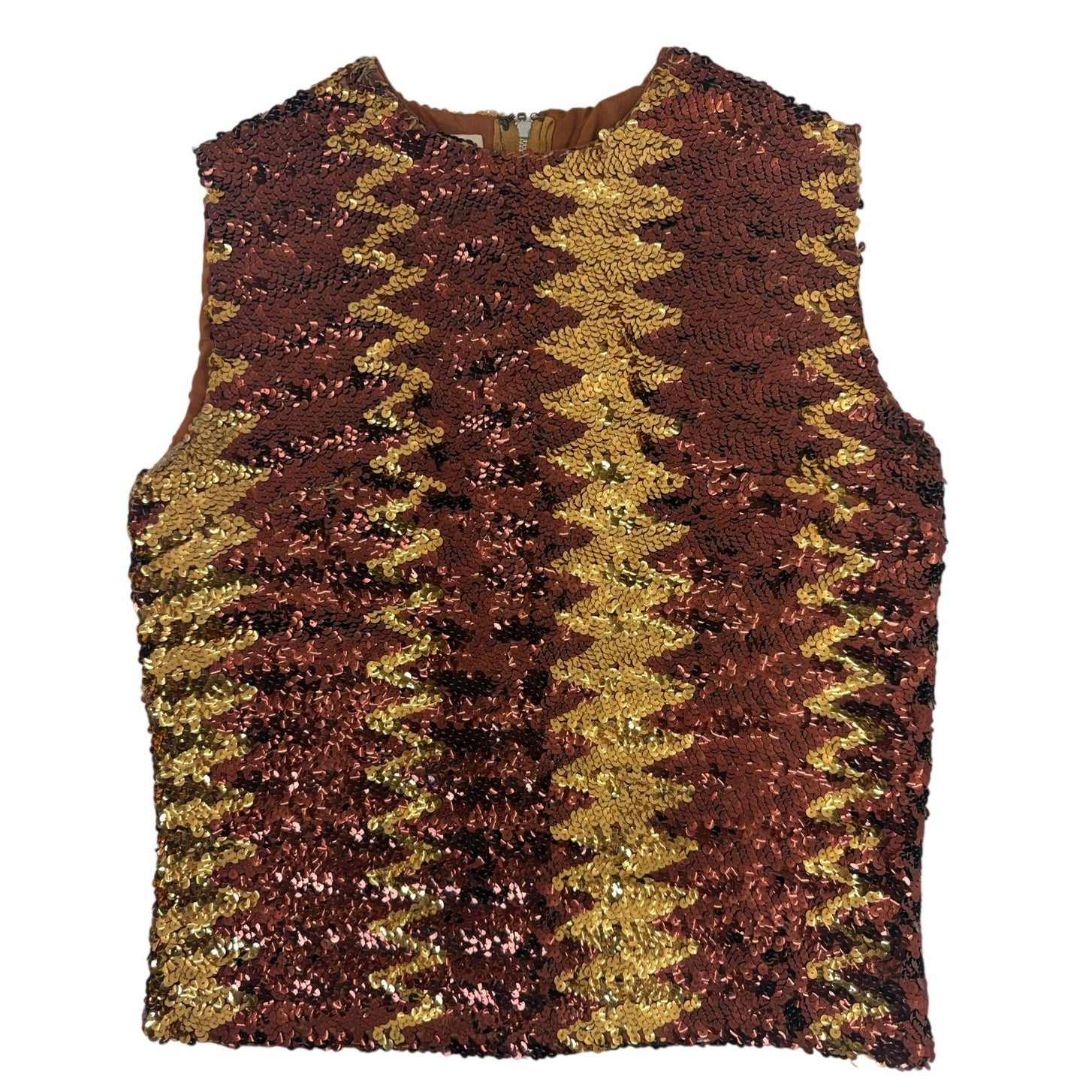 Vintage 70s Glentex Sequin Gold Brown Sleeveless Party Top Women's Medium