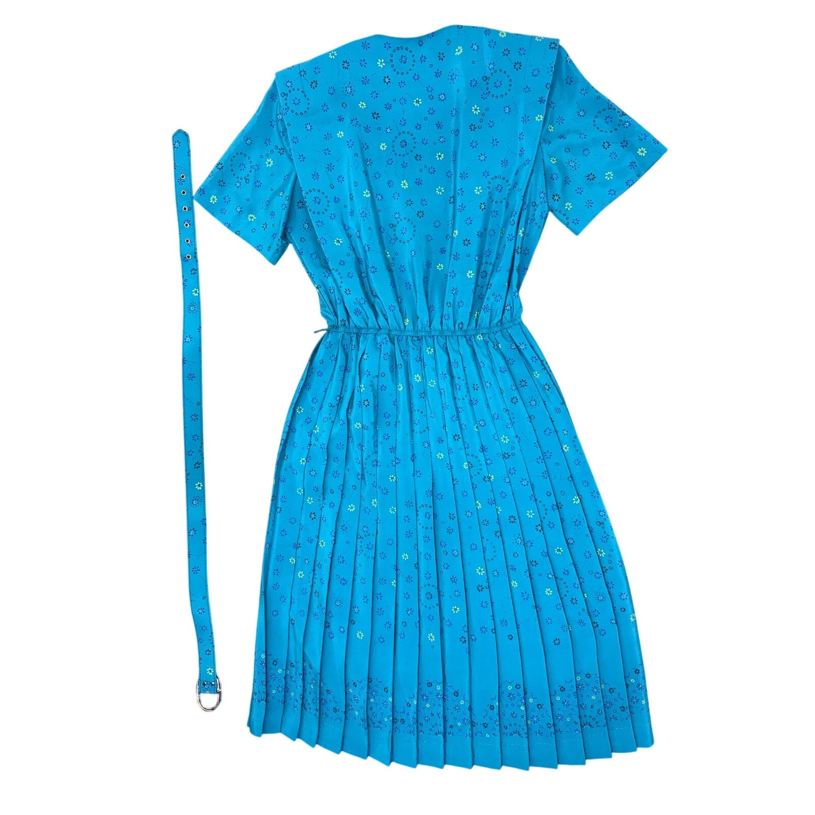 Vintage 80s Women's Small Leslie Fay Teal Floral Pleated Belted Dress