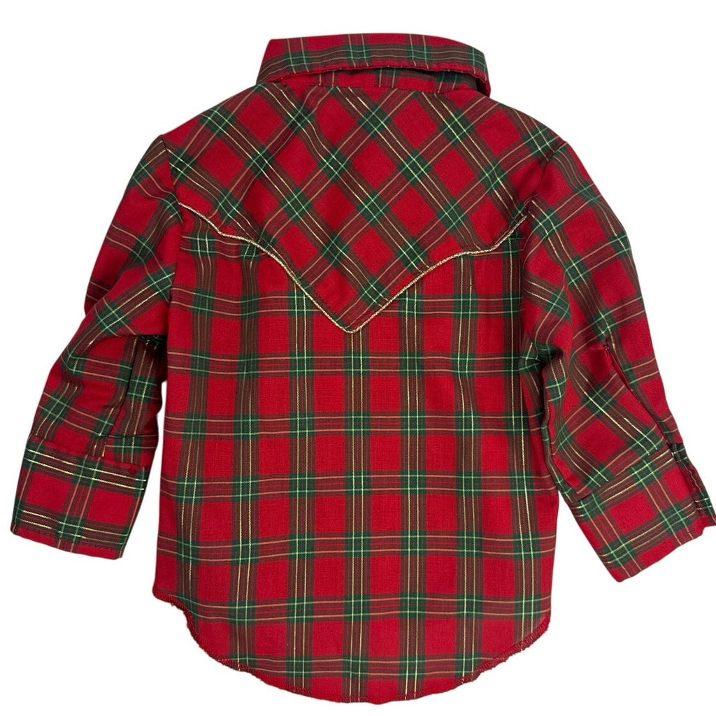 Vintage 1980s Kid Kountry Boys Red Plaid Western Snap Shirt Made USA