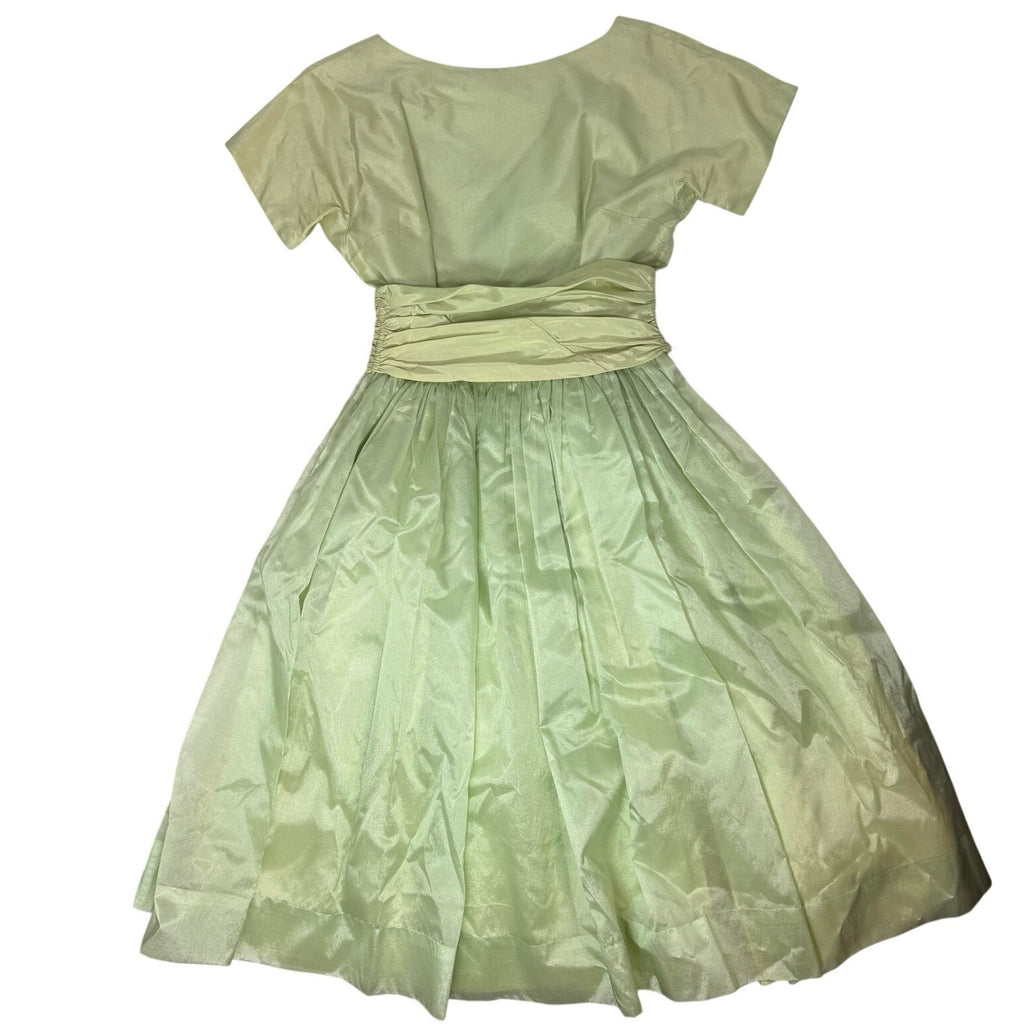 Vintage 50s Midi Formal Dress Mint Green Satin Cummerbund Women's Small