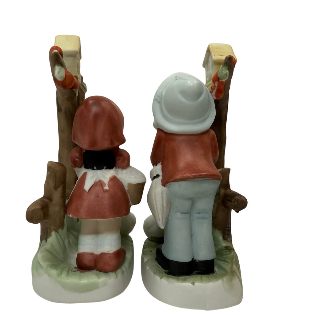 Vintage 80s Taiwan Boy & Girl Figurine Set with Geese Farm Scene Porcelain