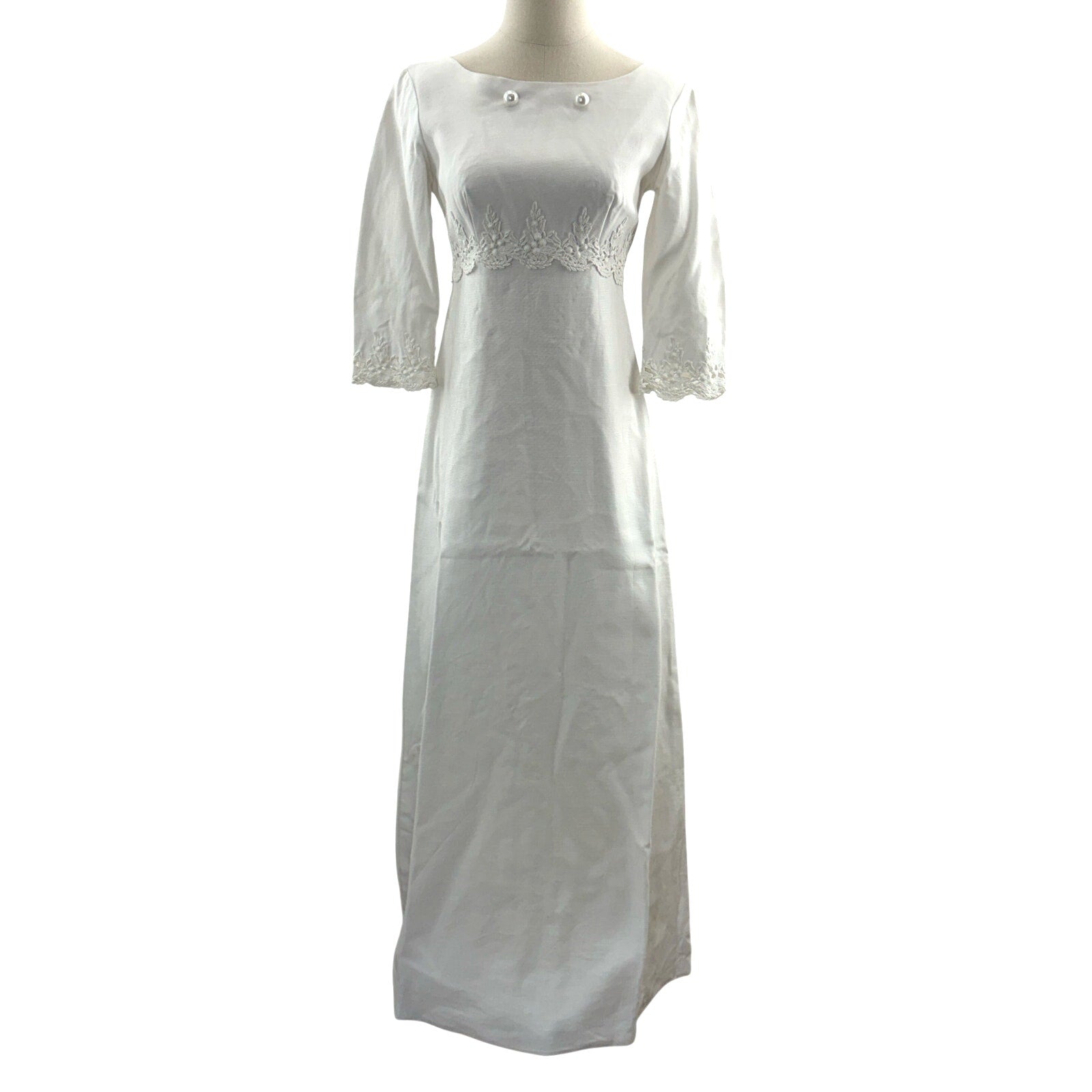 Vintage 60s White Wedding Dress w Train Empire Waist Union Made Women's XS