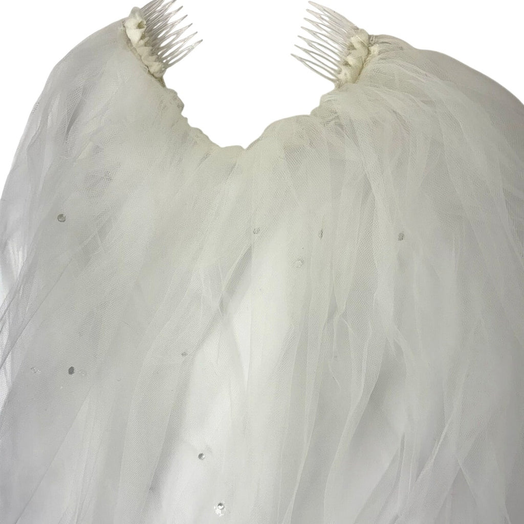 Vintage 90s Bridal Veil Train White Tulle Rhinestone Headband Wedding 95" Long
