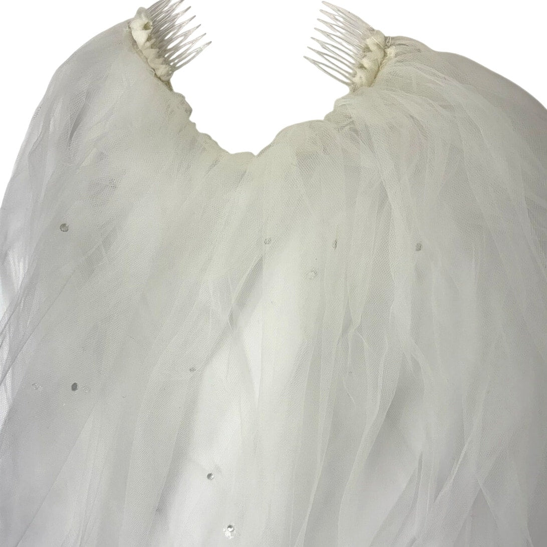 Vintage 90s Bridal Veil Train White Tulle Rhinestone Headband Wedding 95" Long