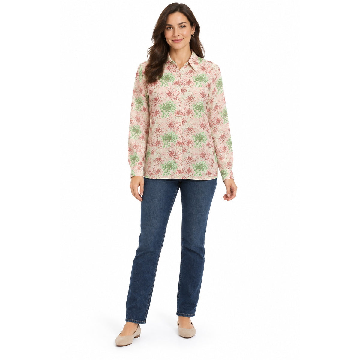 Vintage 70s Jantzen Pink Green Floral Long Sleeve Blouse Women's Medium