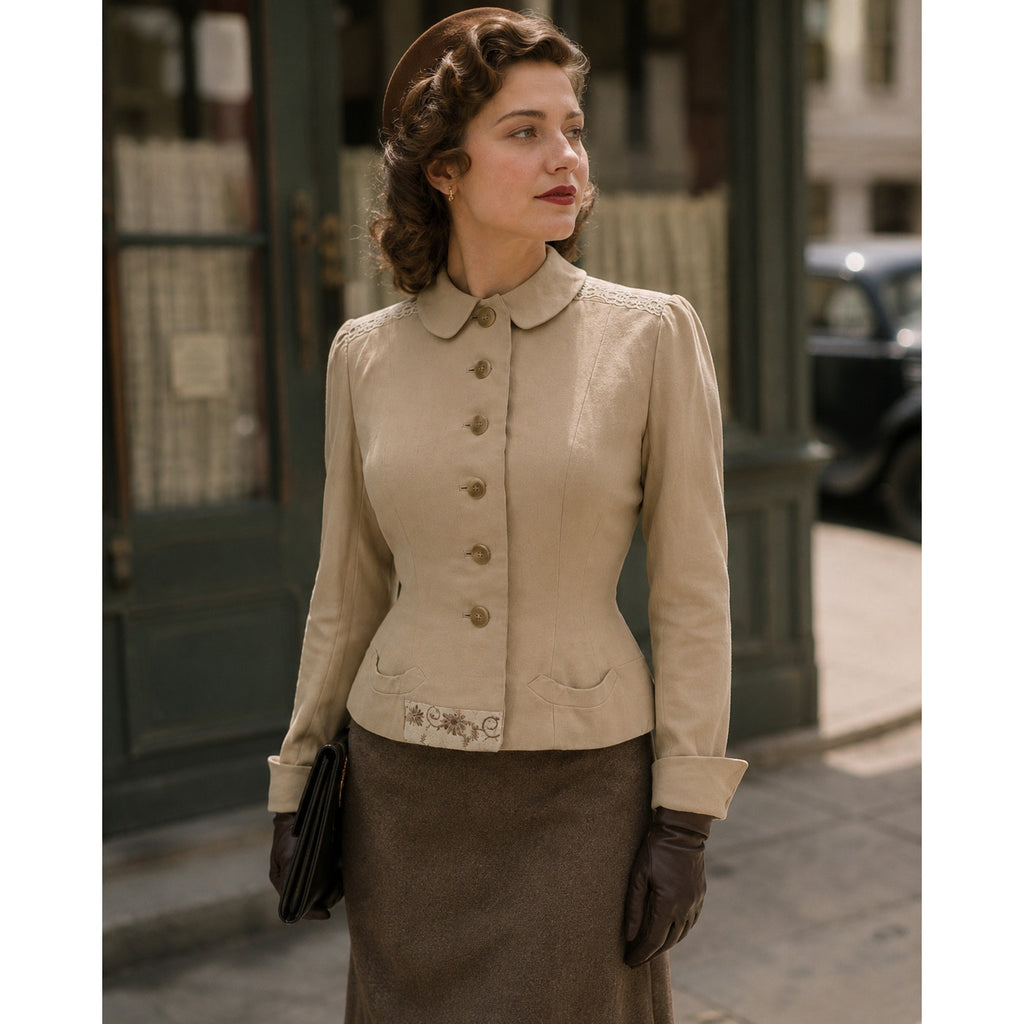 Vintage 40s Beige Wool Blazer Jacket Embroidered Detail Women's XS