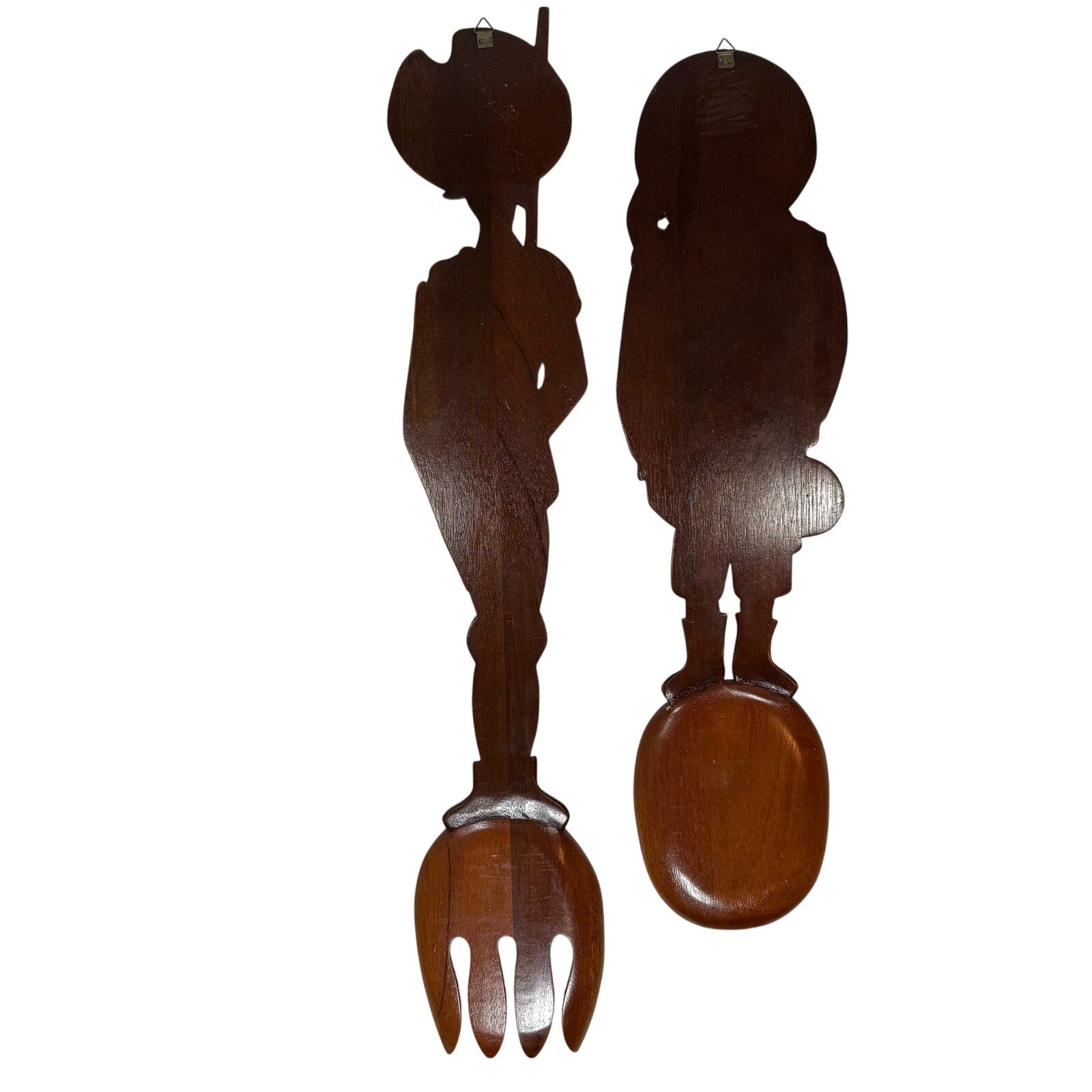 Vintage 60s Hand Carved Wood Spoon and Fork Set Folk Art Wall Decor