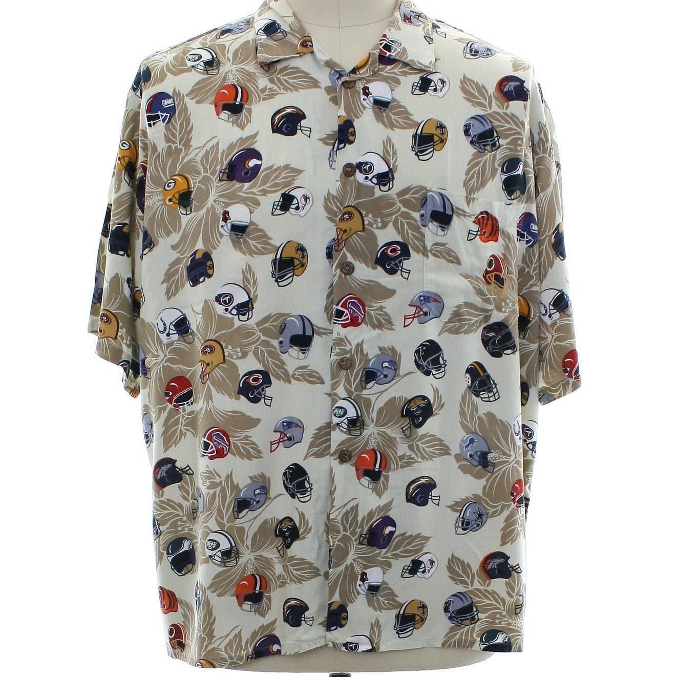 Vintage 90s Sun & Turf NFL Helmet Print Rayon Hawaiian Camp Shirt Men's XXL