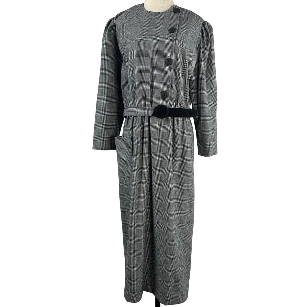 Vintage 80s Hal Hardin Black White Glen Plaid Belted Midi Dress Women's XL