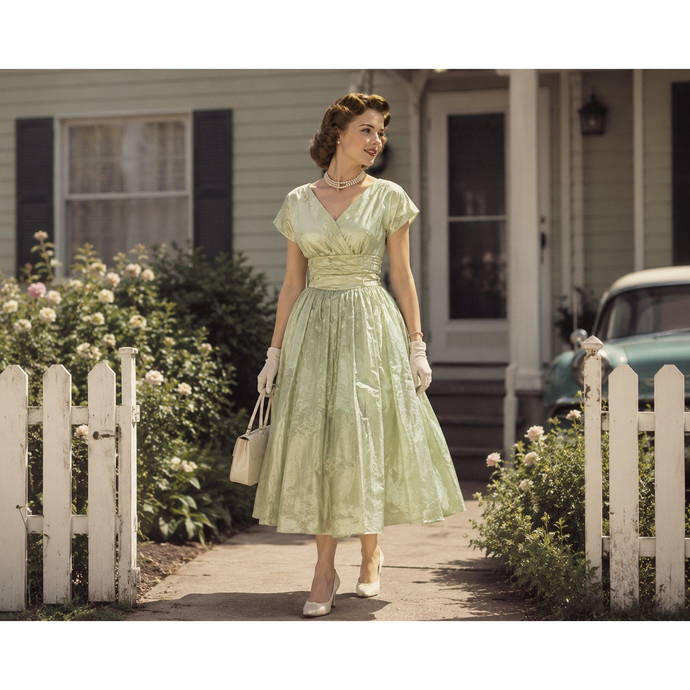 Vintage 50s Midi Formal Dress Mint Green Satin Cummerbund Women's Small