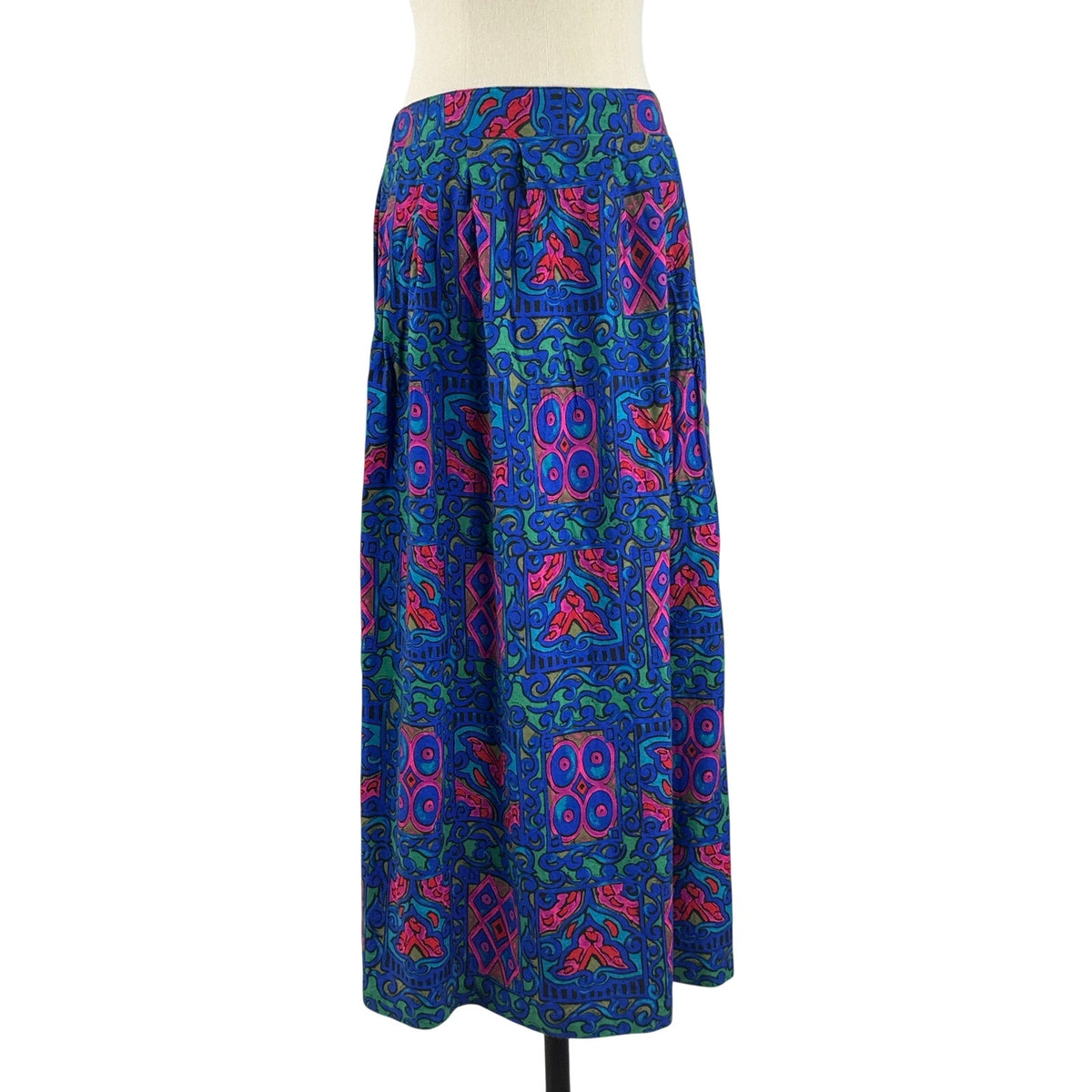 Vintage 80s Tofy Blue Pink Floral Rayon Midi Skirt Women's Size 6 USA