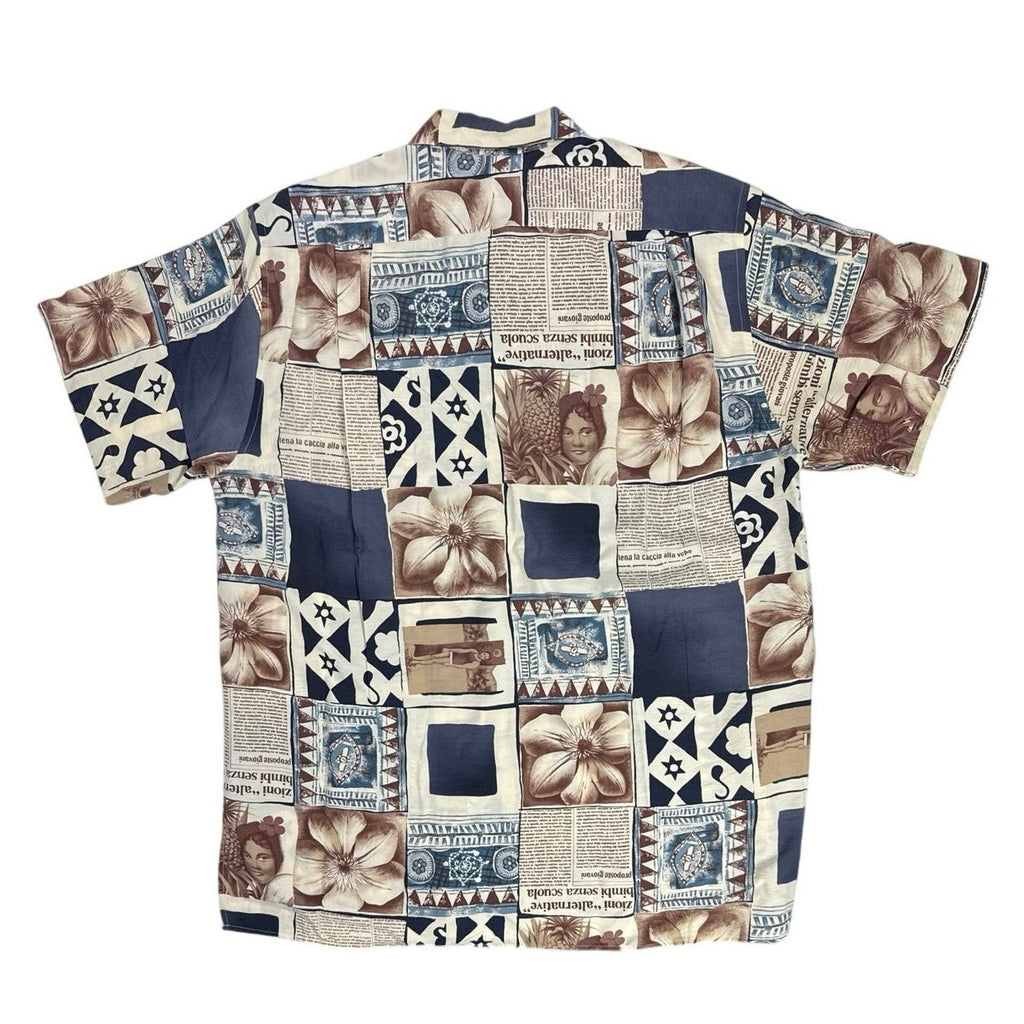 Vintage 80s Barry Bricken Navy Patchwork Rayon Shirt Men’s Medium 46 Chest