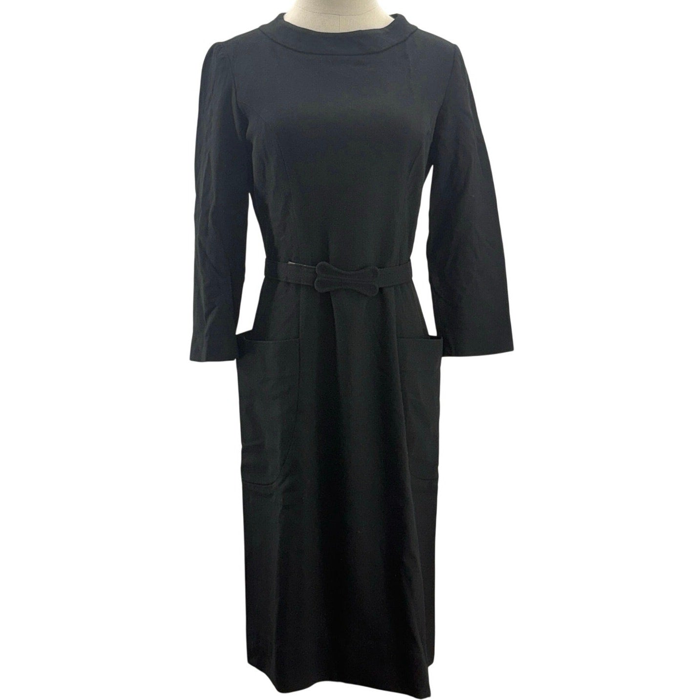 Vintage 60s Women's Small Black Wool Sheath Dress Koret Belted Pockets