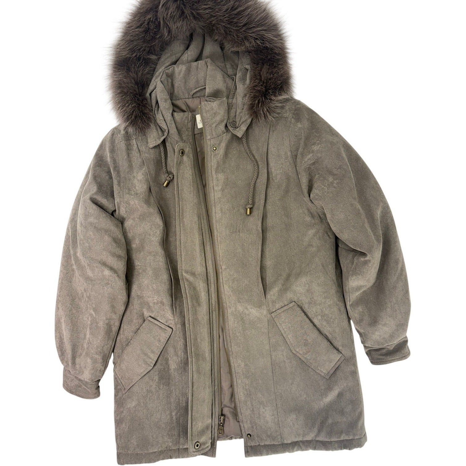 St John's Bay Faux Suede Hooded Jacket Fur Trim Women's Small Taupe Brown
