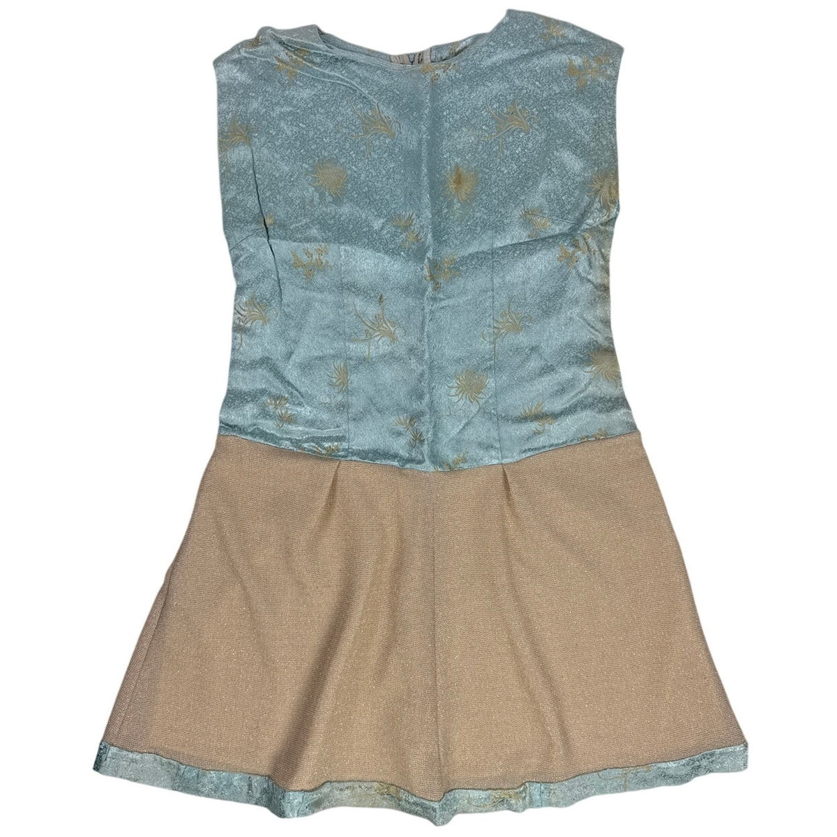 Vintage 70s Handmade Blue Gold Metallic Brocade Drop Waist Dress Women's Medium