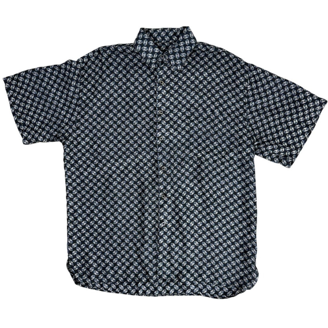Vintage 90s Cezar Silk Shirt Men's Large Black Geometric Short Sleeve Button Up