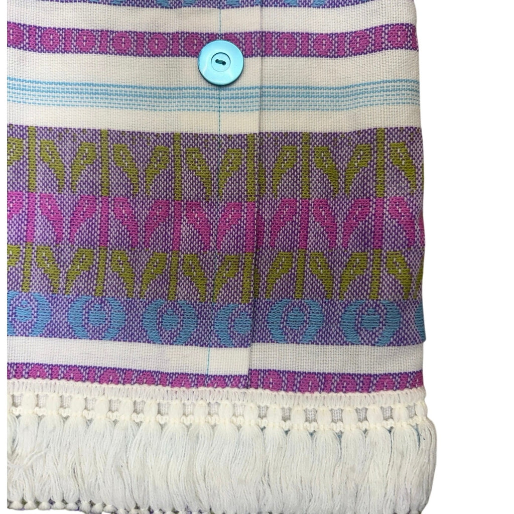 Vintage 70s Forget Me Not White Knit Geometric Fringe Midi Dress Women Small