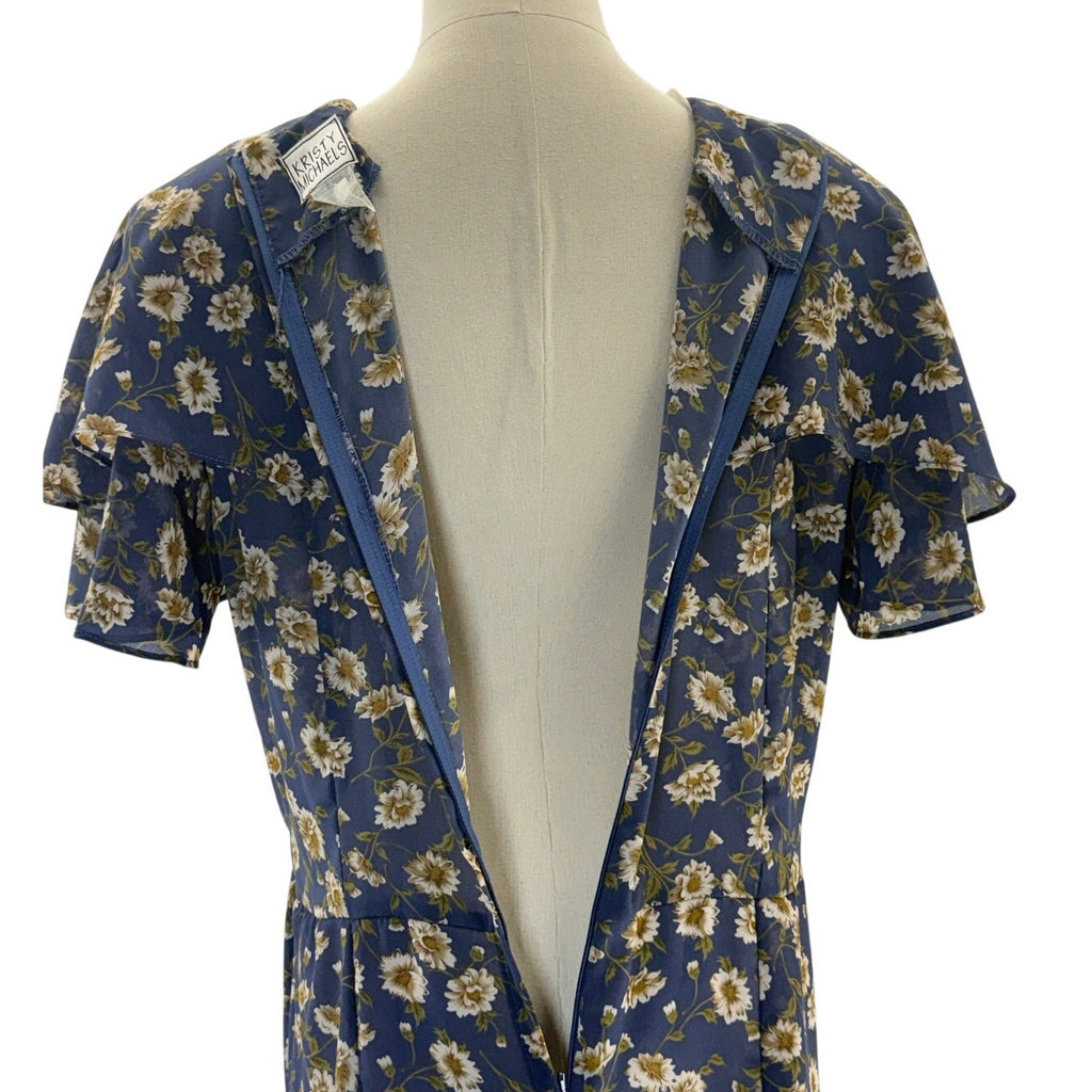 Vintage 80s Kristy Michaels Blue Floral Midi Dress Tie Waist A-Line Women's 12