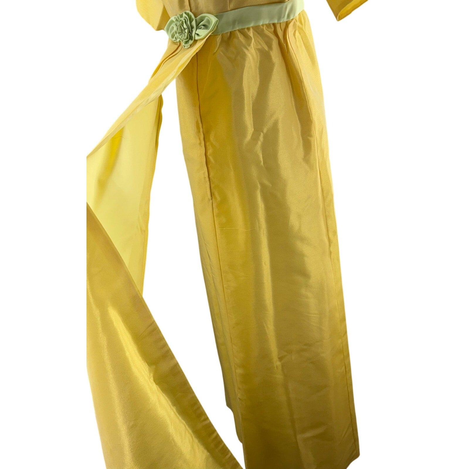 Vintage 60s Women's Small Yellow Chiffon Empire Waist Prom Dress Mint Ribbon
