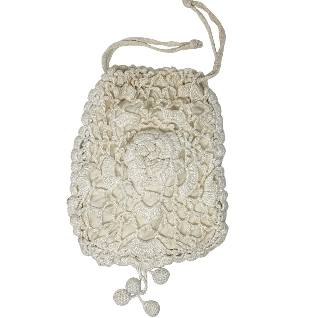 Vintage 60s White Crochet Drawstring Purse Rose Motif Pom Details